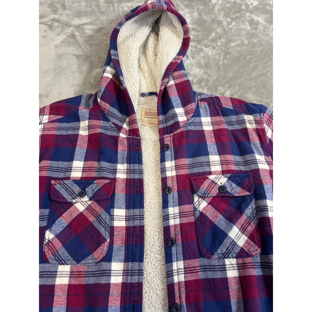 Boston Traders Mens Sherpa Lined Plaid Flannel Hooded Shirt Jacket Red Blue L - Picture 2 of 14
